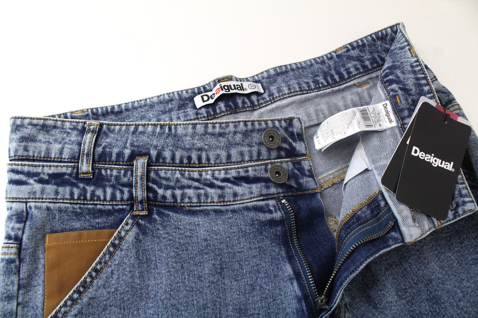 DESIGUAL Coll_Rep Men Jeans W34 Mid Blue Leather-Patch Zip-Fly Stretch Classic