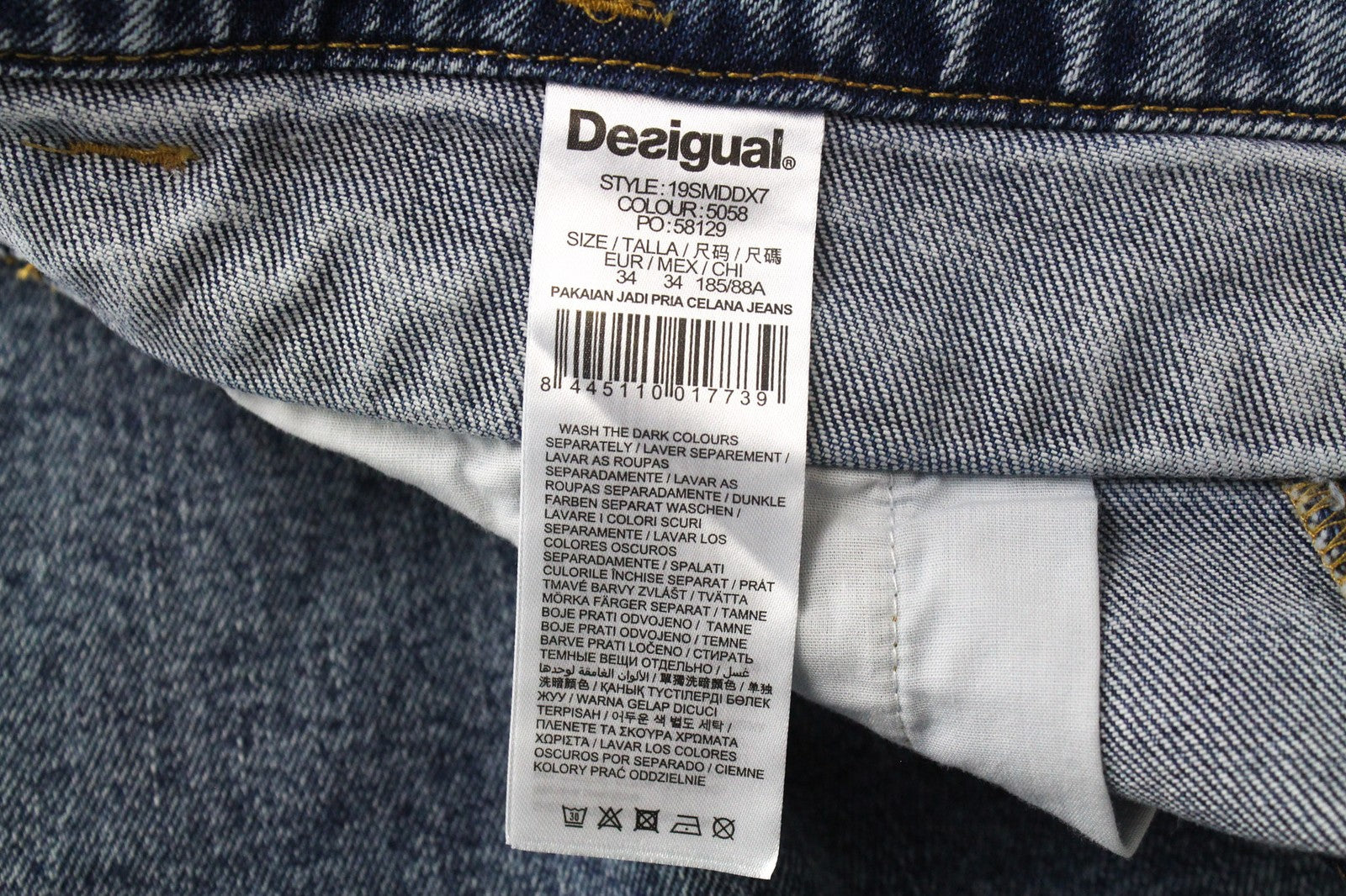 DESIGUAL Coll_Rep Men Jeans W34 Mid Blue Leather-Patch Zip-Fly Stretch Classic