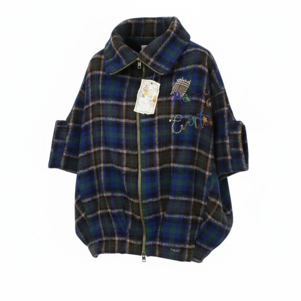 DESIGUAL Women Coat EU44 Blue Tartan Check Oversize Kimono Sleeve Wool Blend