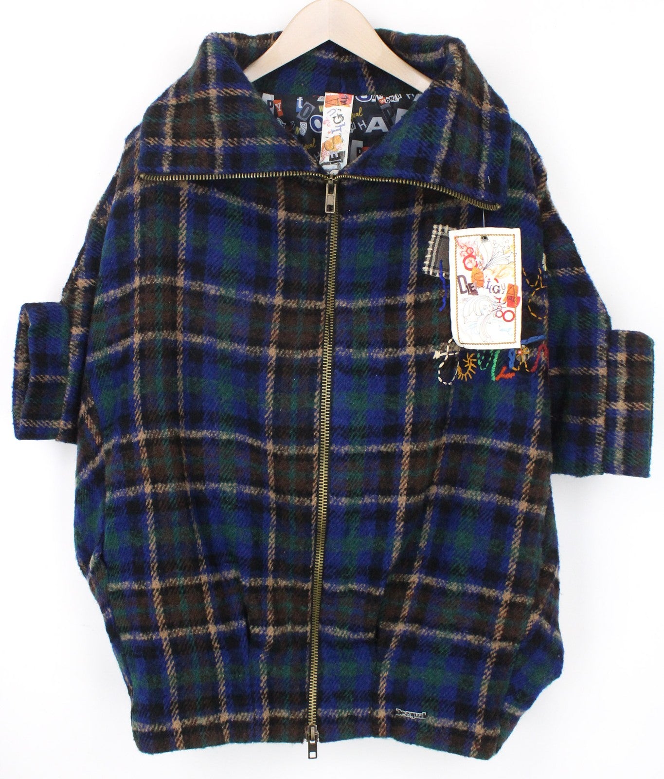 DESIGUAL Women Coat EU40 Wool Mix Blue Tartan Check Oversize Kimono Embroidery