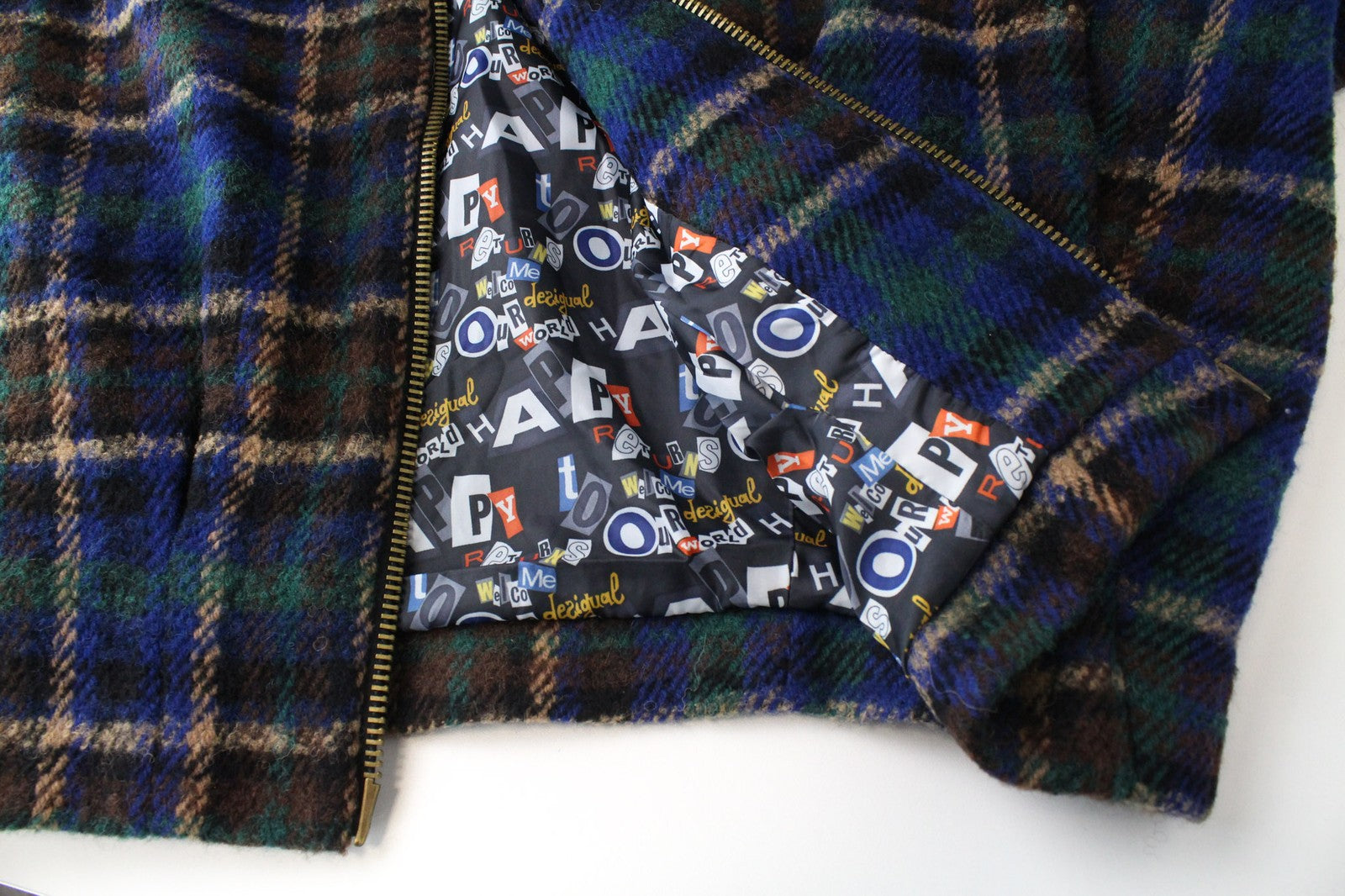 DESIGUAL Women Coat EU40 Wool Mix Blue Tartan Check Oversize Kimono Embroidery
