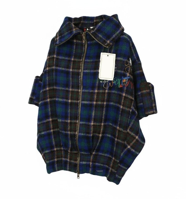 DESIGUAL Women Coat EU42 Blue Tartan Check Oversize Wool Kimono Embroidery