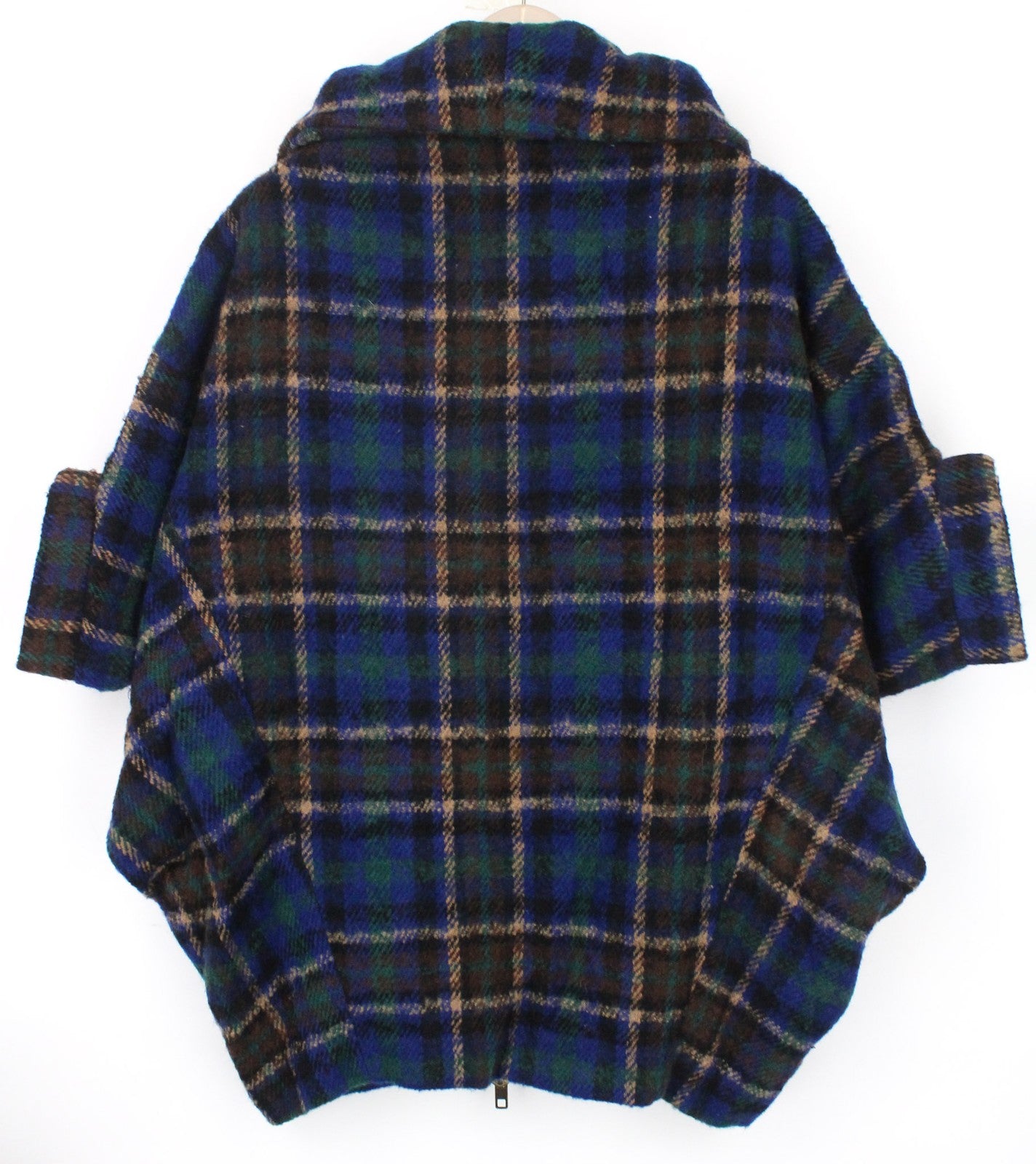 DESIGUAL Women Coat EU42 Blue Tartan Check Oversize Wool Kimono Embroidery