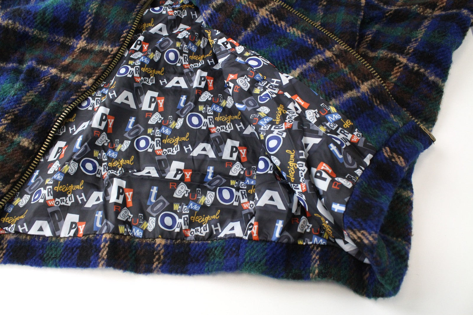 DESIGUAL Women Coat EU42 Blue Tartan Check Oversize Wool Kimono Embroidery