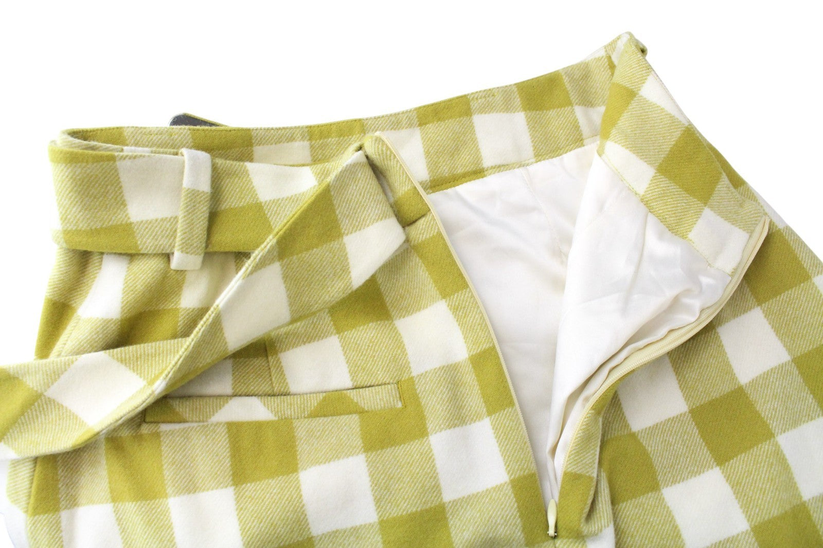SUISTUDIO Calvin Women Skirt UK8 W29 Green Pure Wool Checked Belted Short Lined