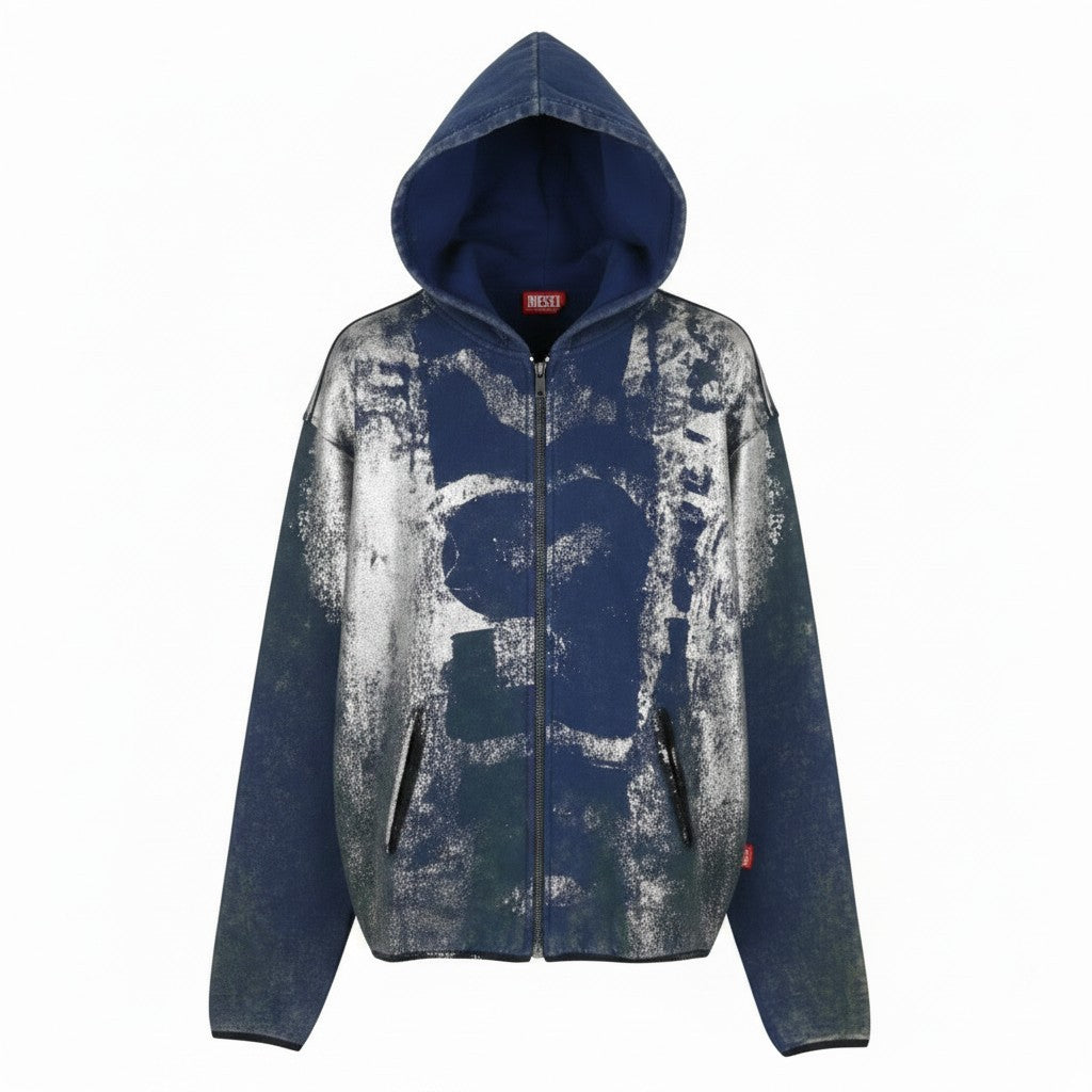 DIESEL S-Loxty-Zip Men Hoodie XL Blue All-Over Graphic Print Full Zip RRP350