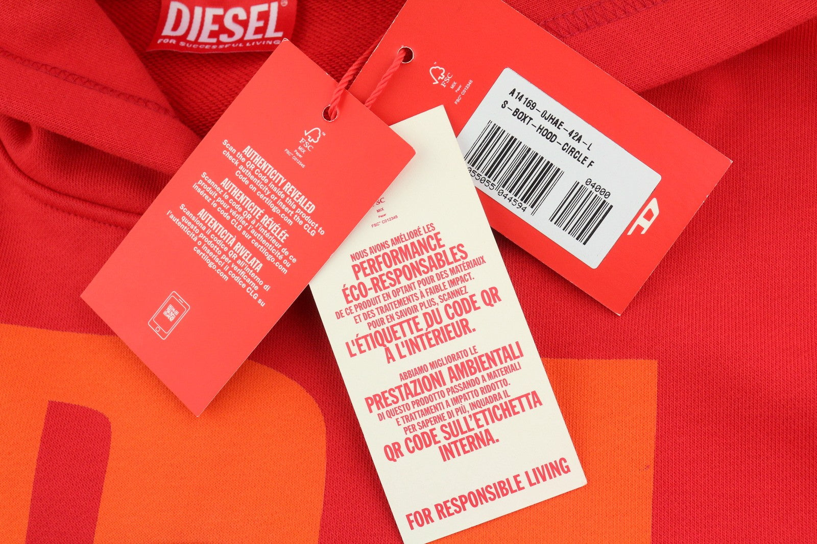 DIESEL S-Boxt-Hood-Circle Men Hoodie L Red Long Sleeve Pull On RRP185
