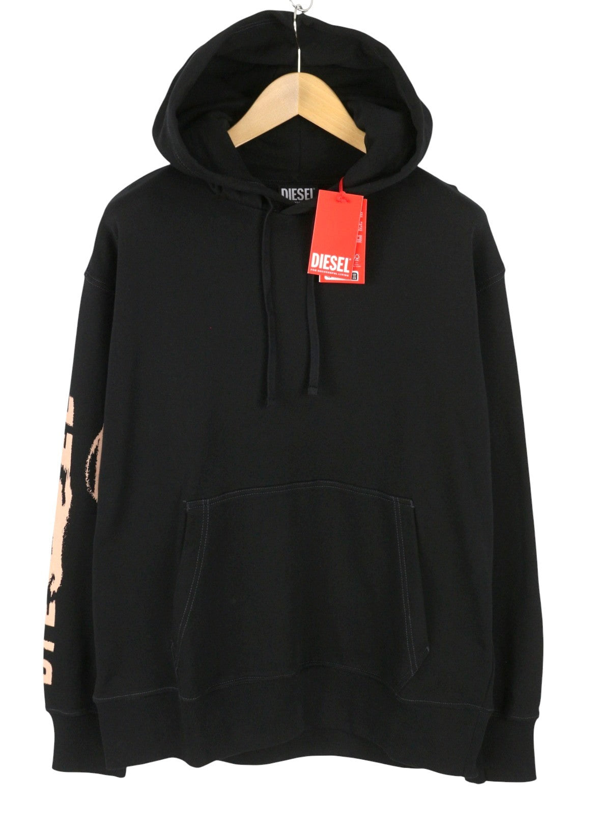 DIESEL S-Macs-Hood-G7 Men Hoodie L Black Patterned Kangaroo Pocket RRP175