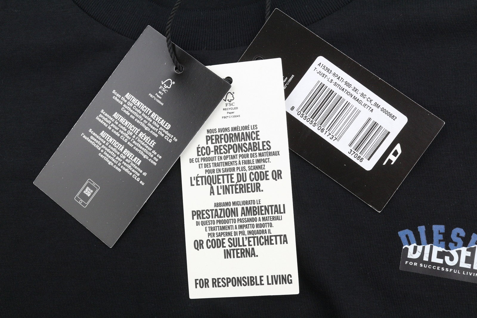 DIESEL T-Just-LS-Situation Men T-Shirt 3XL Black Cotton Crew Neck Long Sleeve
