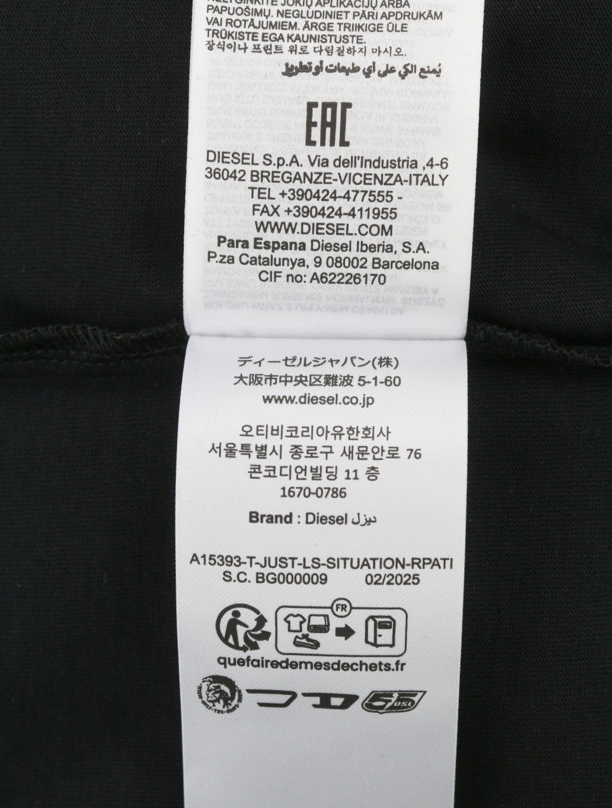 DIESEL T-Just-LS-Situation Men T-Shirt L Black Cotton Crew Neck Long Sleeve