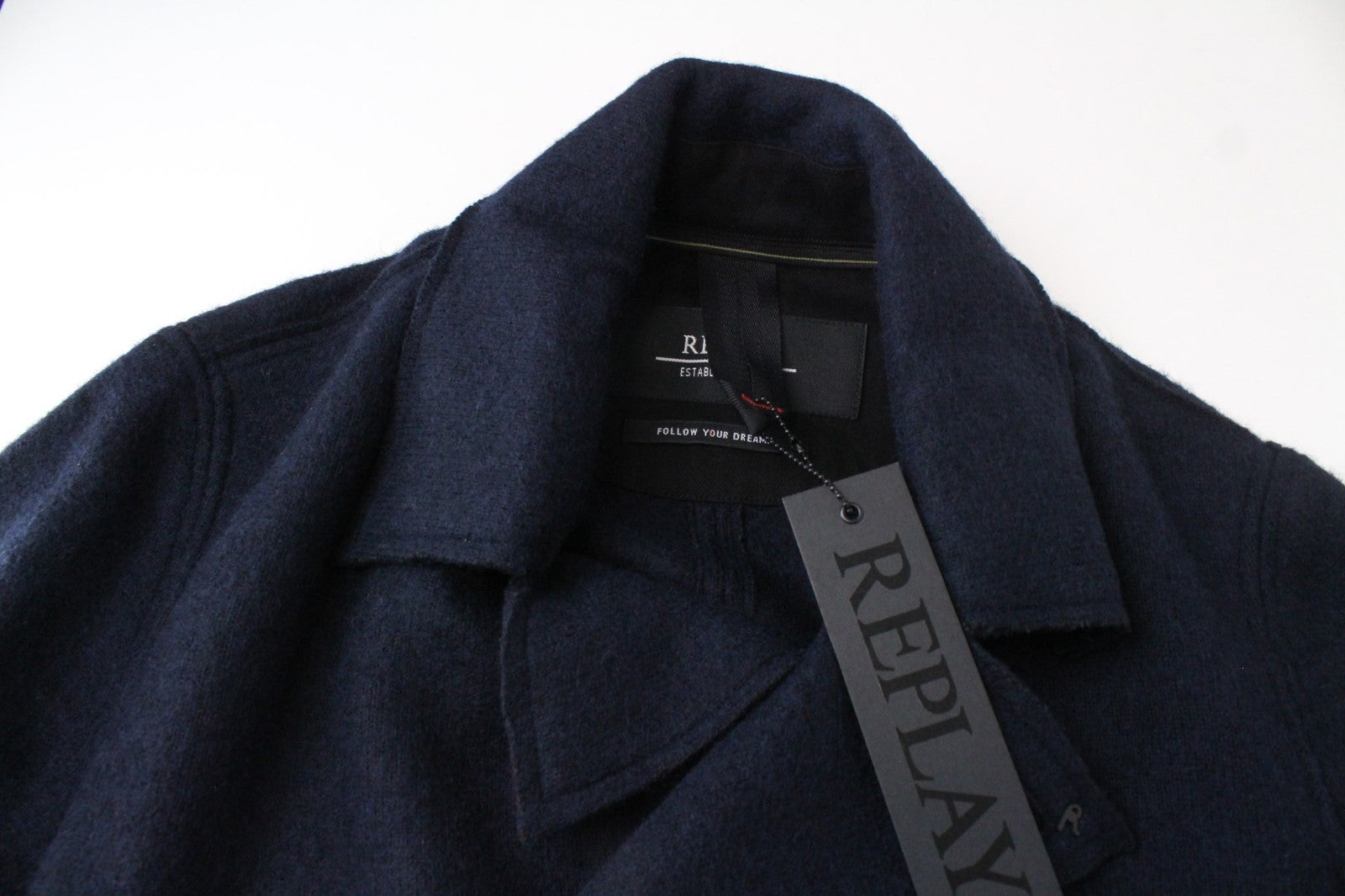 REPLAY Men Jacket XL Navy Blue Wool Blend Double-Breasted Lined Casual Logo