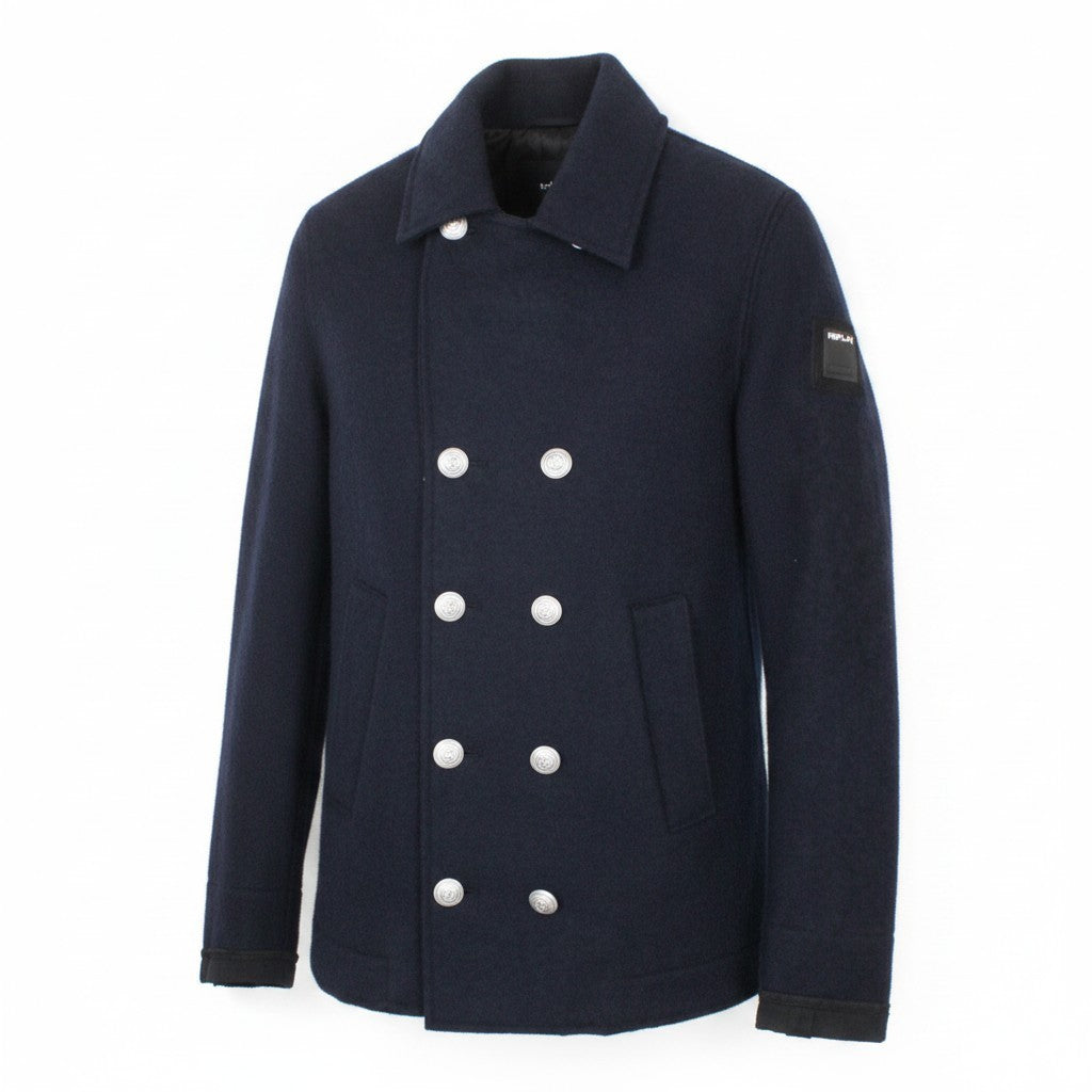 REPLAY Men Jacket L Navy Blue Wool Blend Double-Breasted Lined Casual