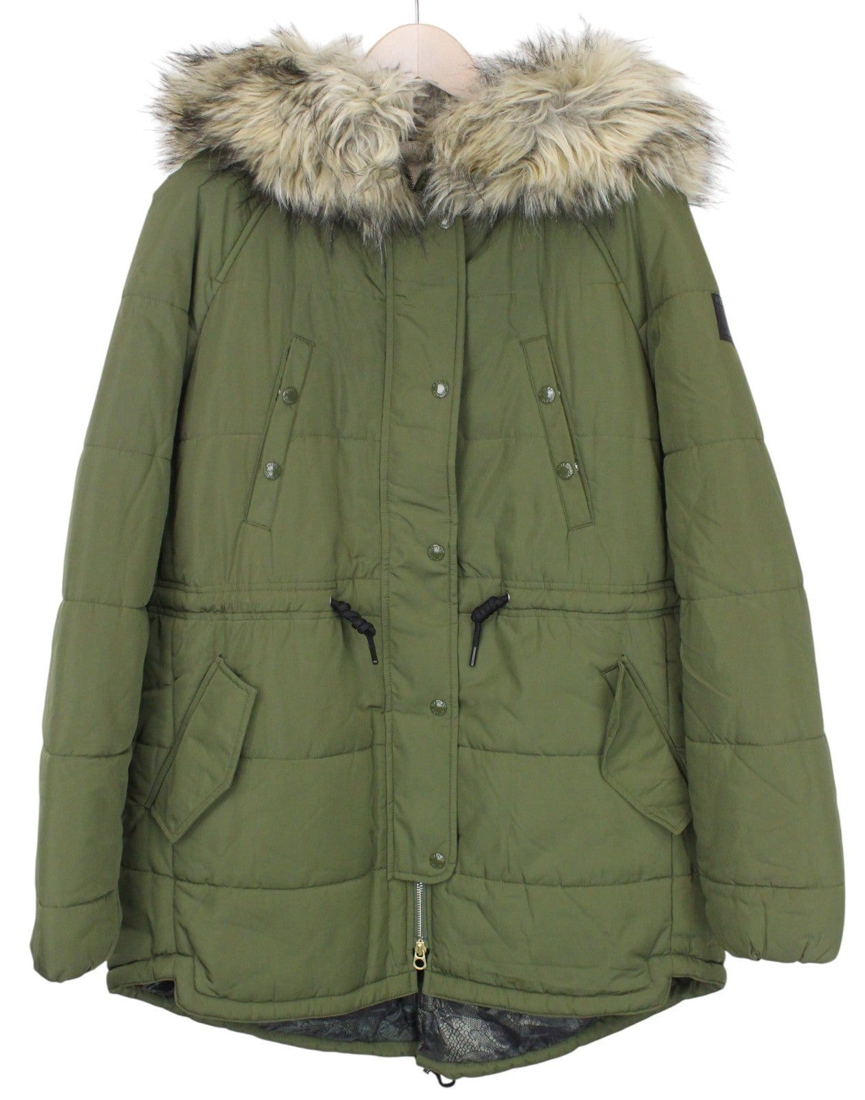 REPLAY Women Jacket M Green Lined Padded Hooded Faux Fur Zipped Snap Parka