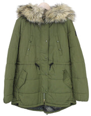 REPLAY Women Jacket M Green Lined Padded Hooded Faux Fur Zipped Snap Parka