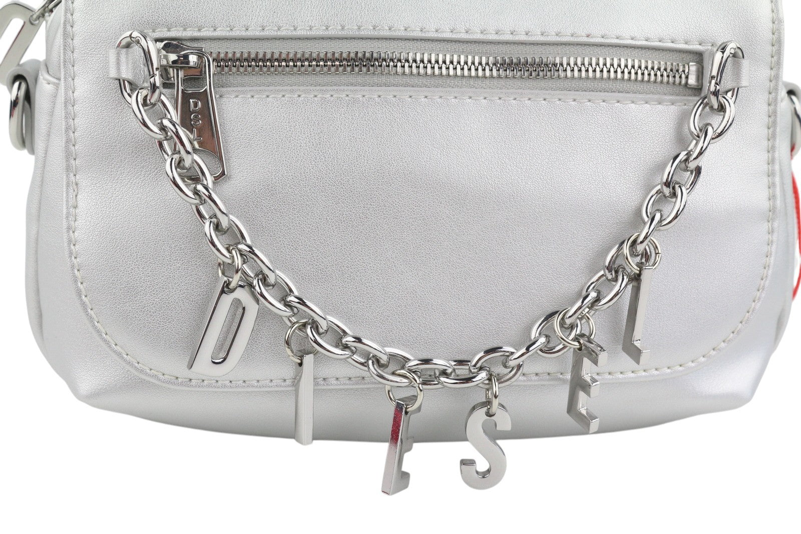 DIESEL Logos Mini Messenger Women Bag Grey Silver Chunky Chain Logo RRP250