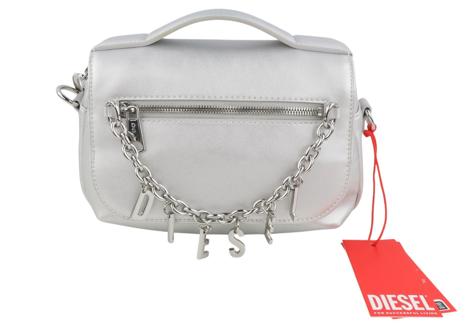 DIESEL Logos Mini Messenger Women Bag Grey Silver Chunky Chain Logo RRP250