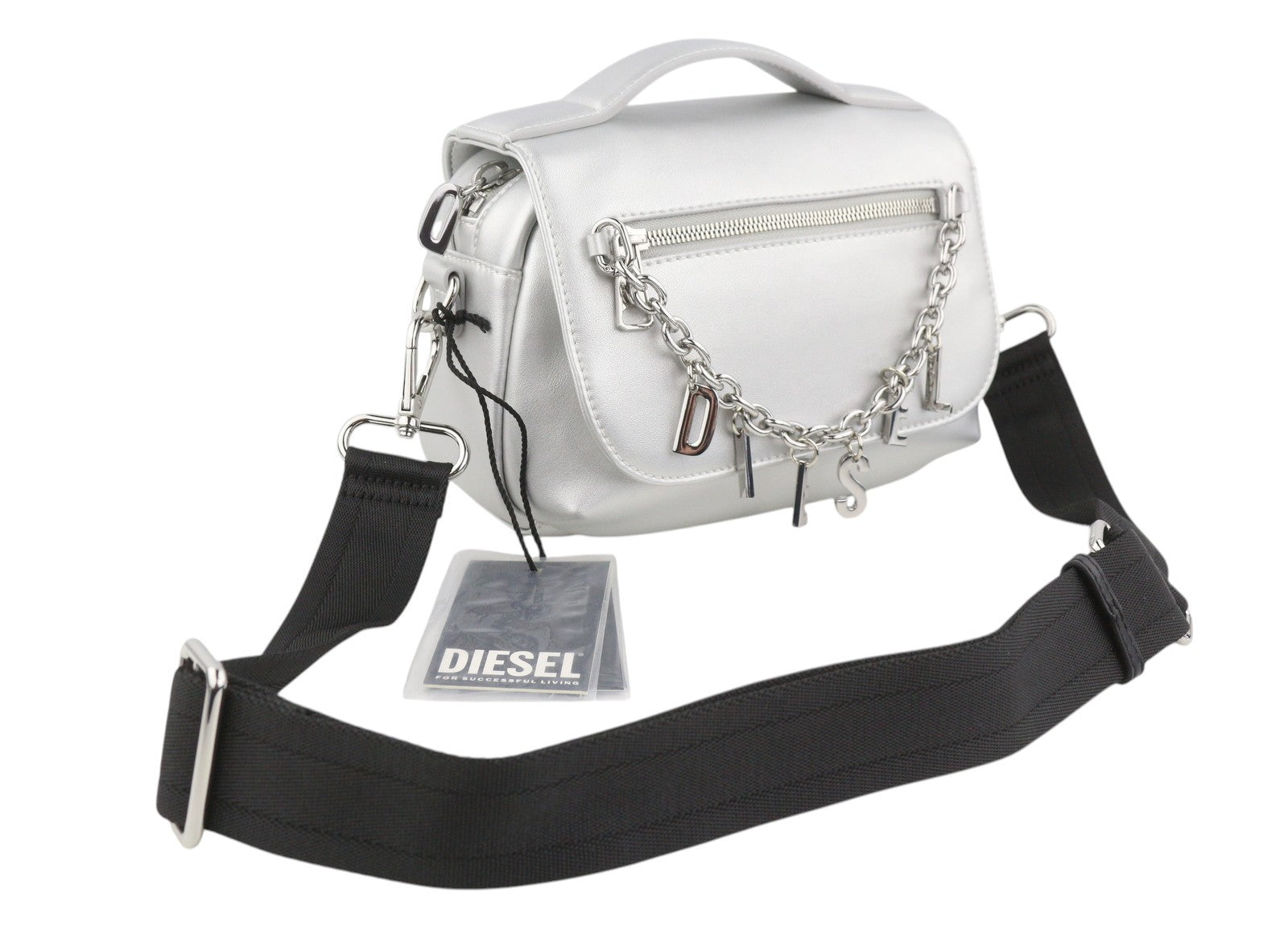 DIESEL Logos Mini Messenger Women Bag OS Grey Silver Chunky Chain Logo RRP250