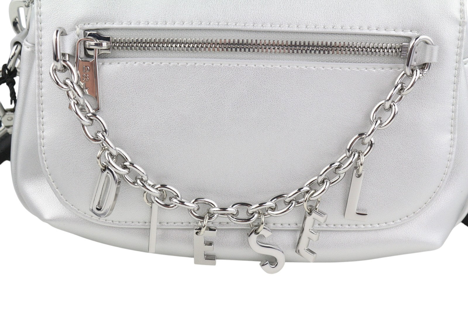 DIESEL Logos Mini Messenger Women Bag OS Grey Silver Chunky Chain Logo RRP250