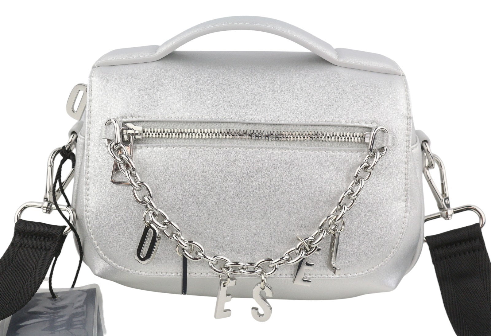 DIESEL Logos Mini Messenger Women Bag OS Grey Silver Chunky Chain Logo RRP250