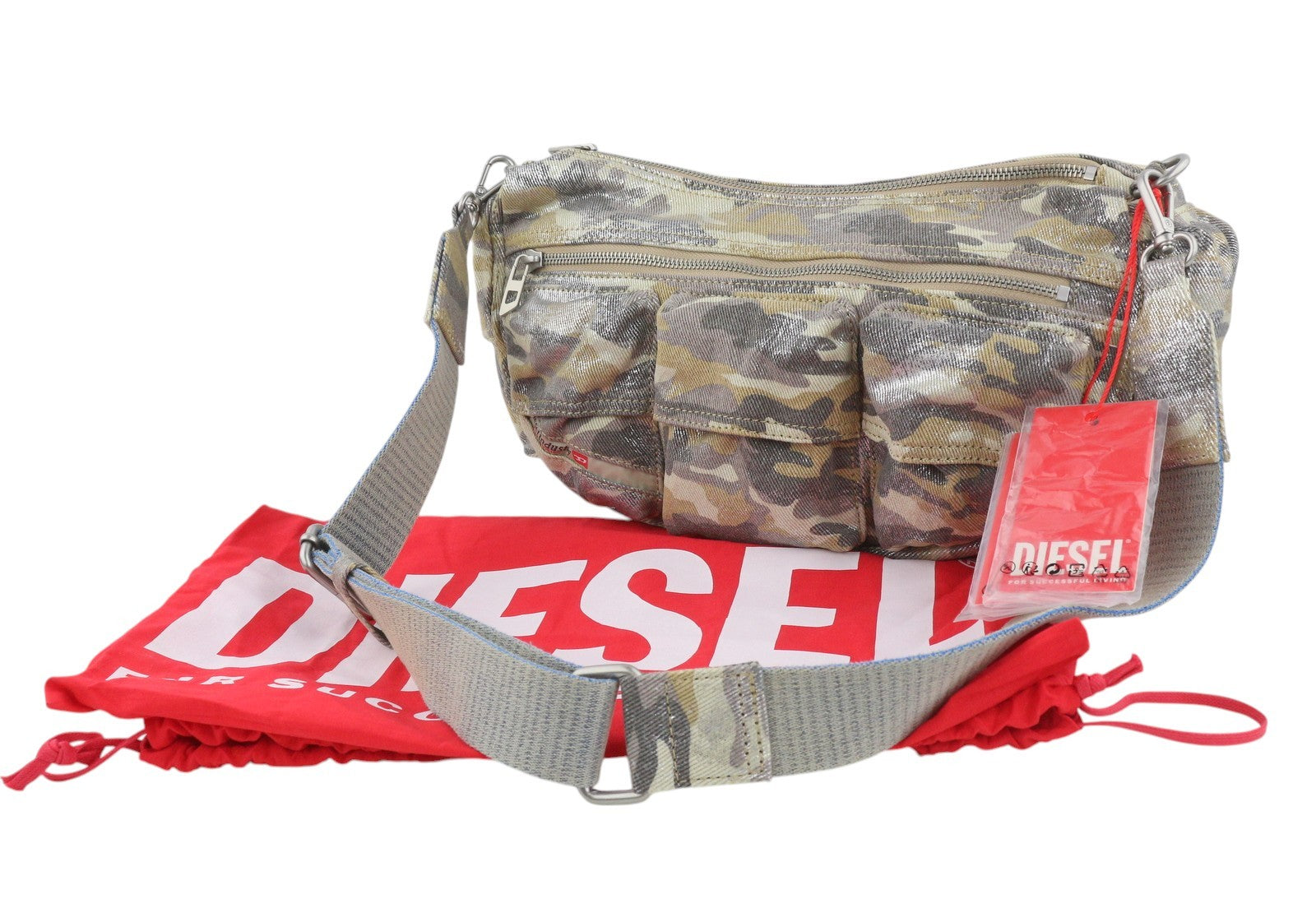 DIESEL Multi-Pkts Women Bag Glitter Camouflage Utilitarian Shell Unisex RRP375