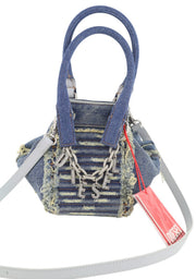 DIESEL D-Vina Women Bag XS Blue Denim Shoulder Distress Chunky Chain RRP495