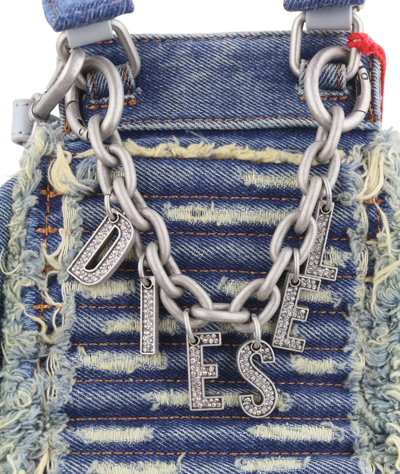 DIESEL D-Vina Women Bag XS Blue Denim Shoulder Distress Chunky Chain RRP495