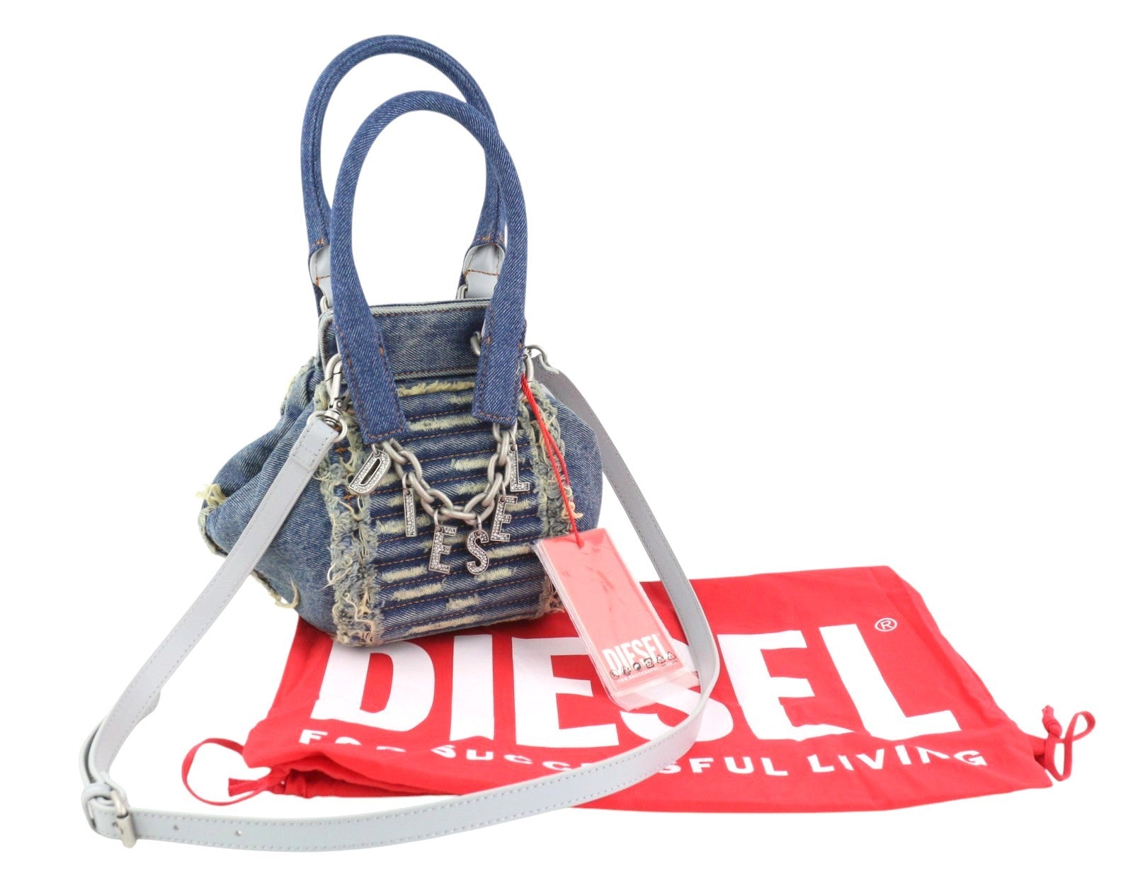 DIESEL D-Vina Women Bag XS Blue Denim Shoulder Distress Chunky Chain RRP495