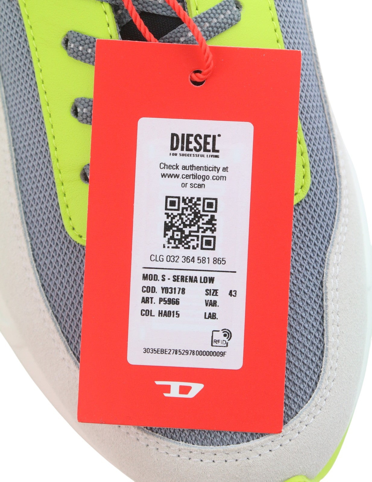 DIESEL S-Serena Low Men Sneakers EU43 Grey Leather Details Almond Lace RRP195