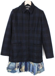 DESIGUAL Women Coat 40 M Blue Wool Cotton Blend Lined Checked Single-Breasted