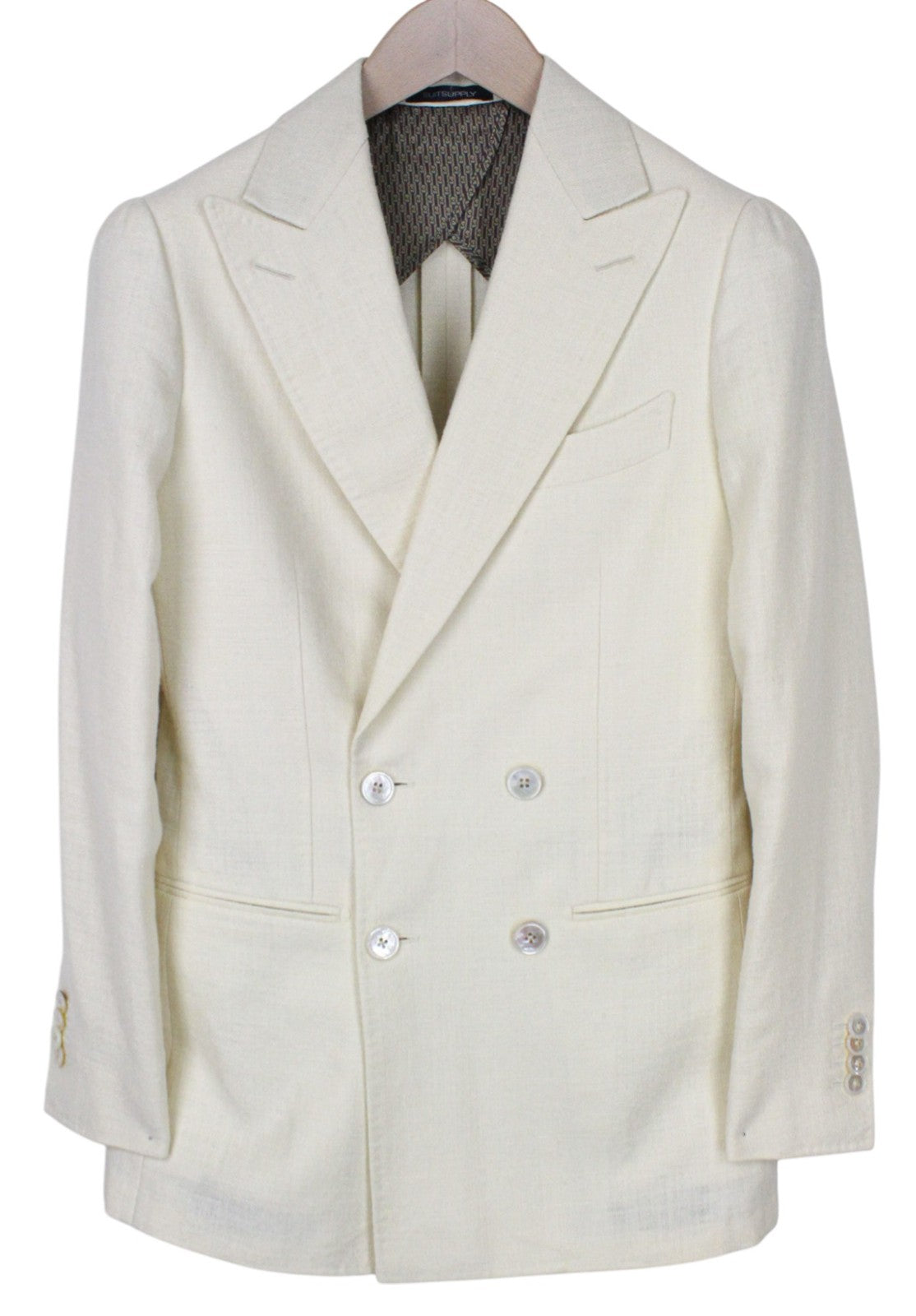 SUITSUPPLY La Spalla Men Suit UK30R Off-White 2-Piece Two-Row Slim Silk Linen