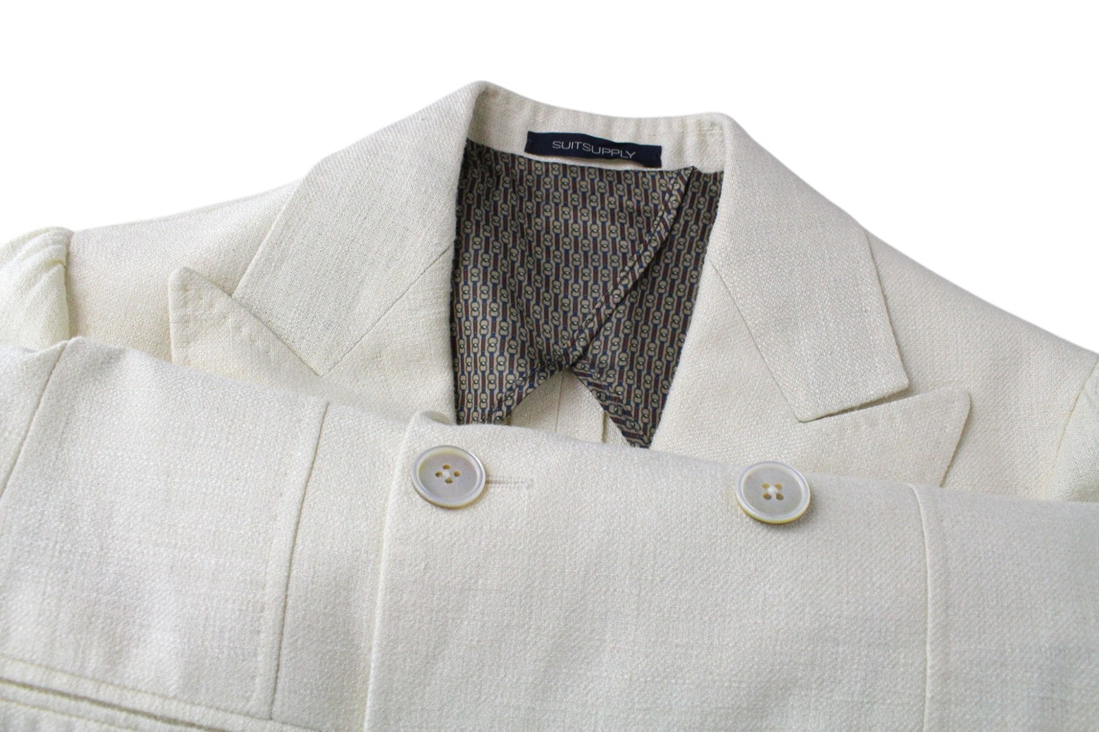 SUITSUPPLY La Spalla Men Suit UK30R Off-White 2-Piece Two-Row Slim Silk Linen