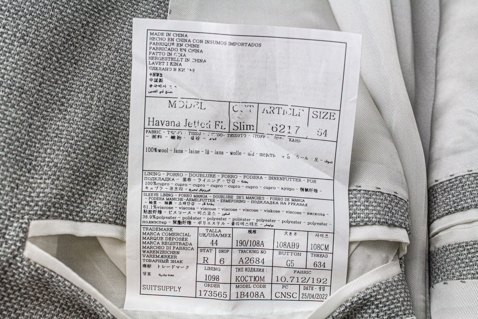 SUITSUPPLY Havana Jetted Men Suit UK44R Grey 2-Piece Slim Melange Pure Wool