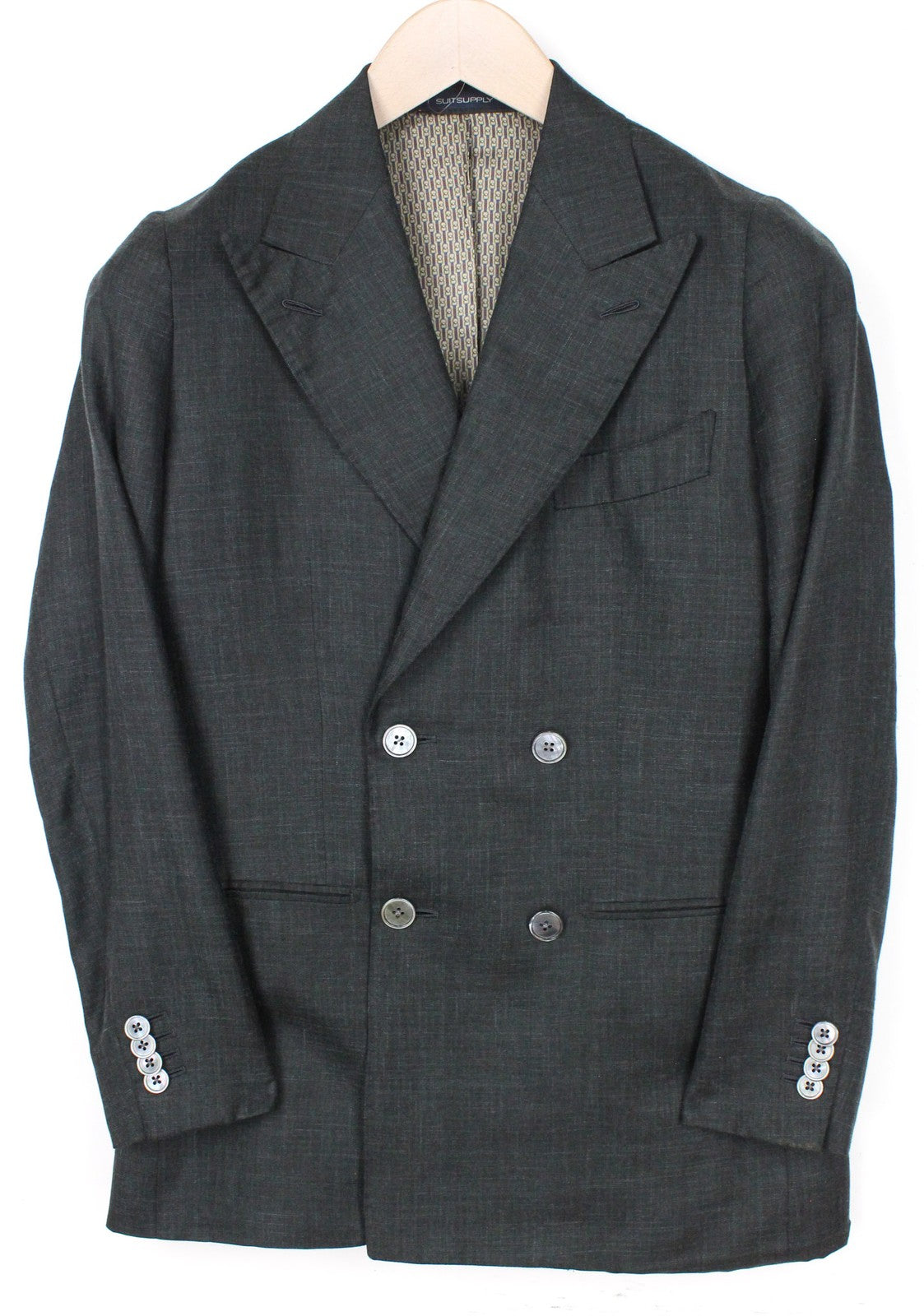 SUITSUPPLY La Spalla Men Suit UK30R Green 2Pc Silk Cashmere Linen Two-Row Slim