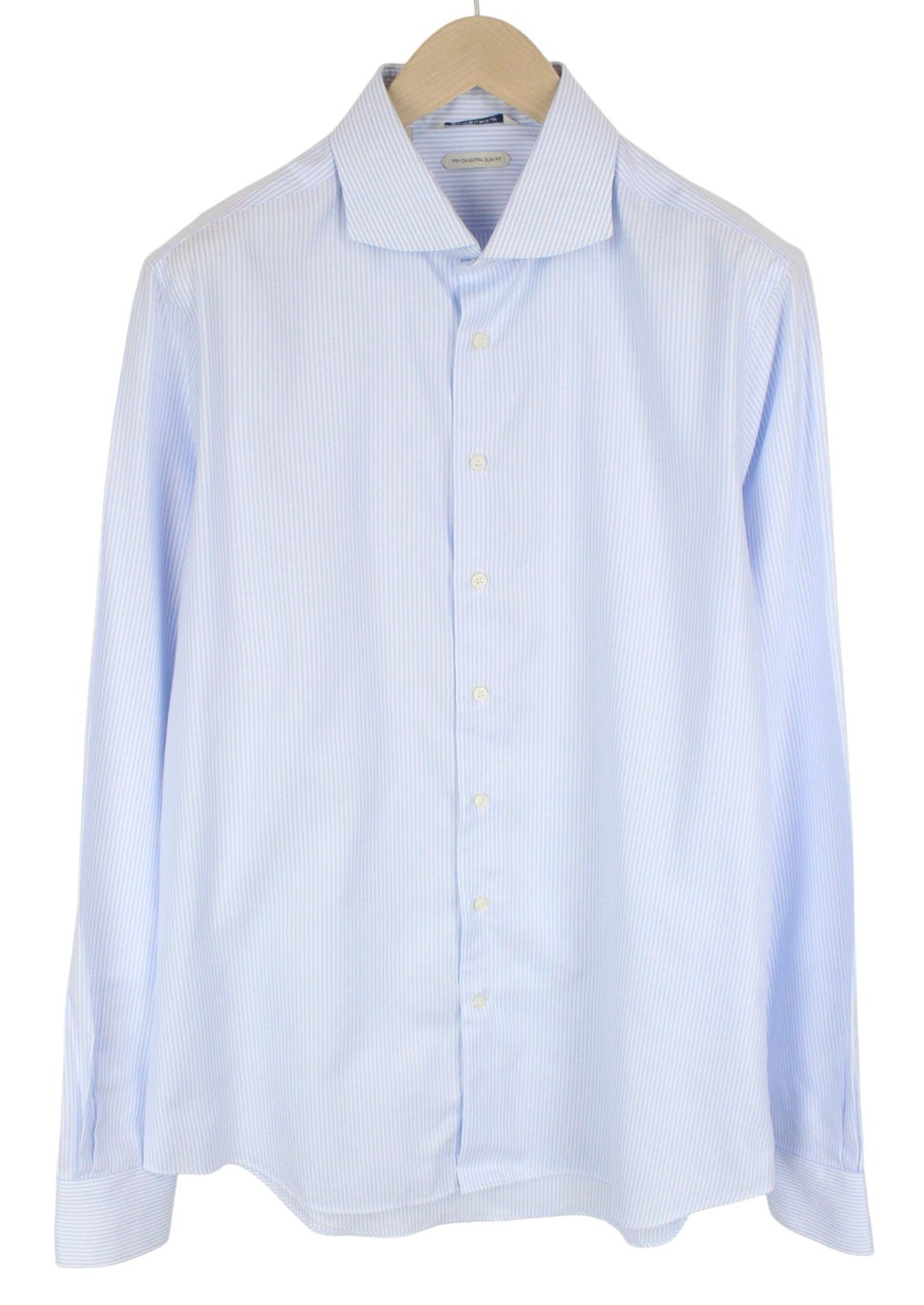 SUITSUPPLY Men Shirt 44L/17 1/2L Extra Slim Blue Pure Cotton Striped Button-Up