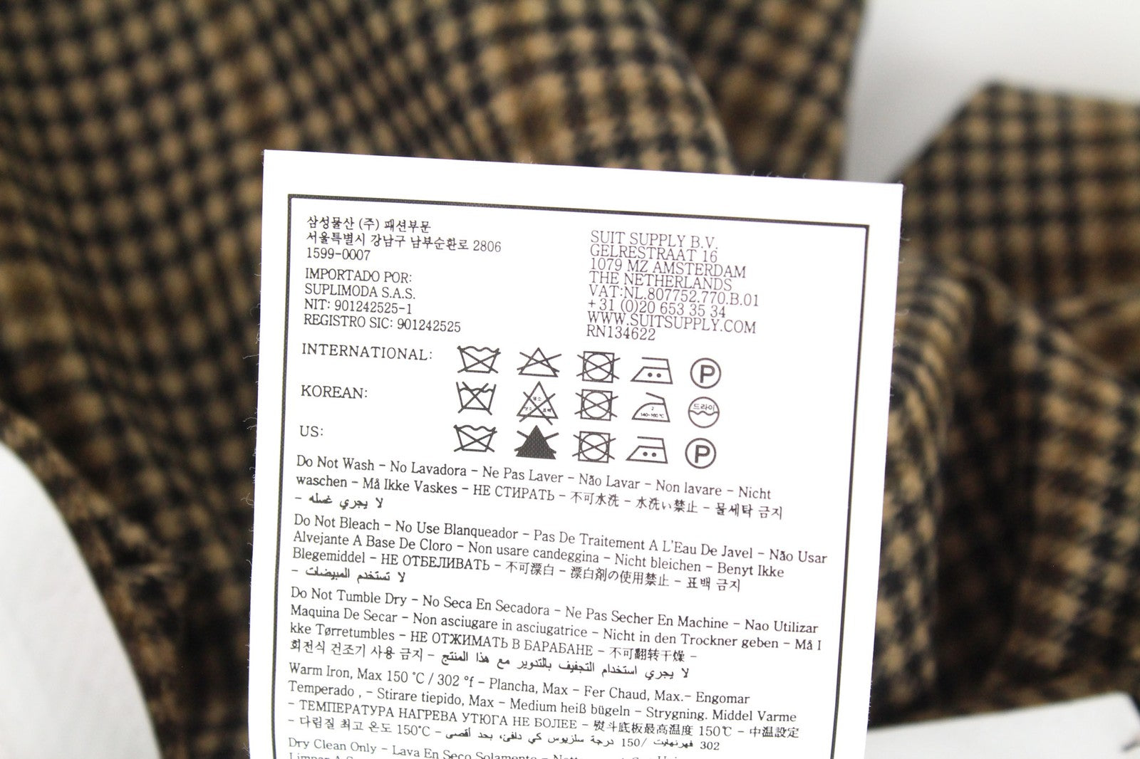 SUITSUPPLY Brescia Men Trousers UK24R Wool Cashmere Brown Houndstooth Check Slim