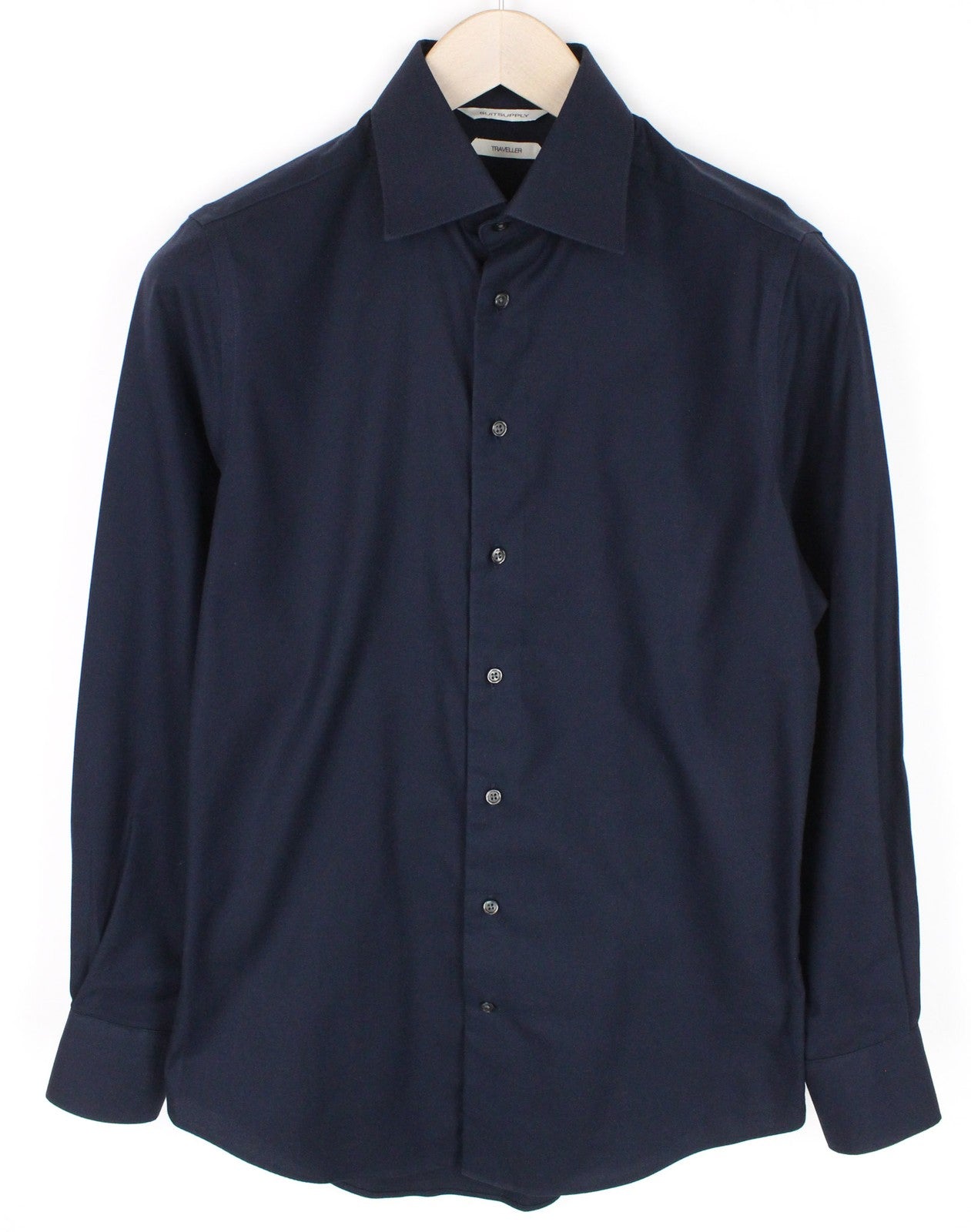 SUITSUPPLY Traveller Men Shirt 36/14 Slim Navy Blue Pure Cotton Long Sleeved