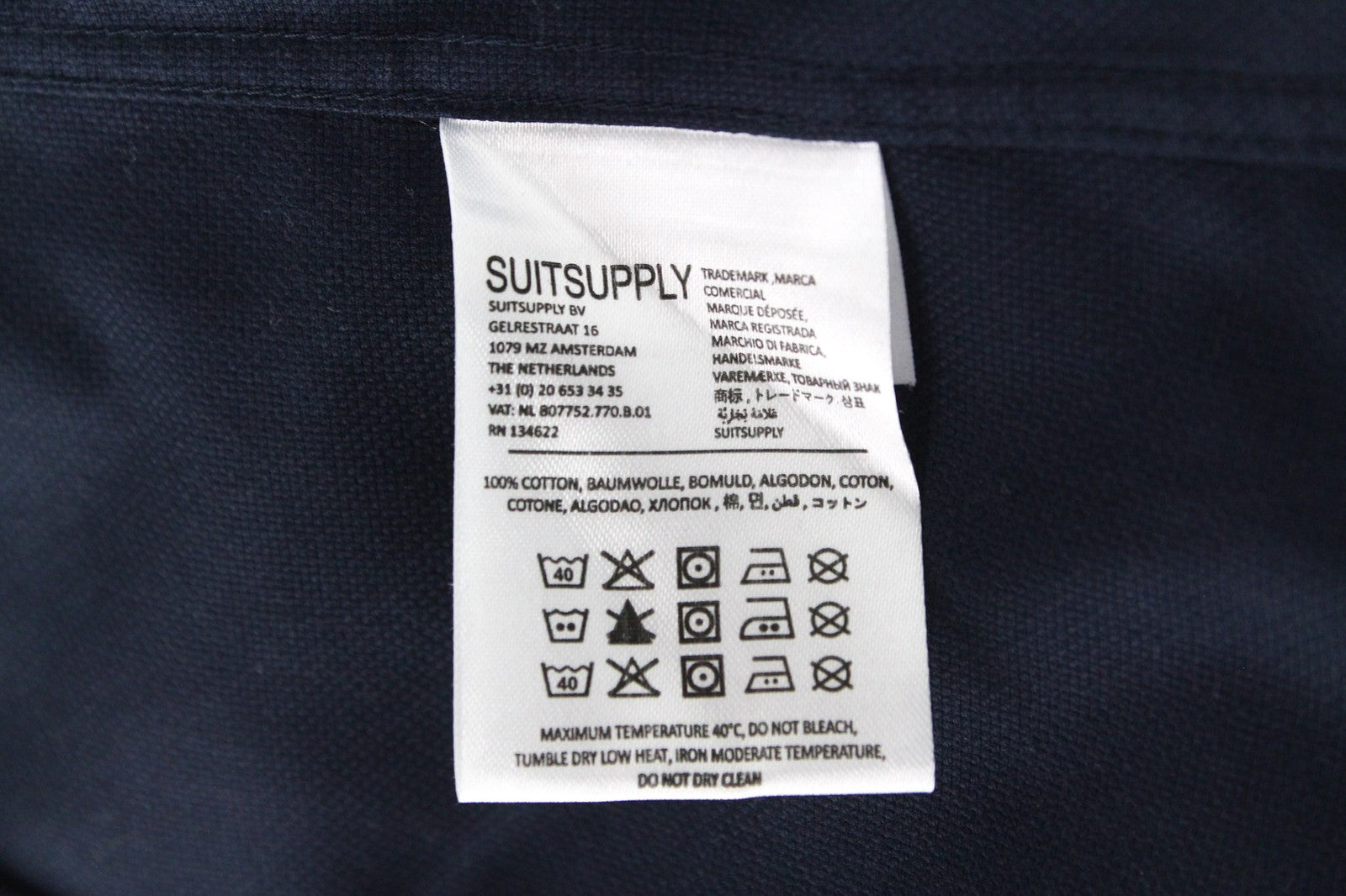 SUITSUPPLY Traveller Men Shirt 36/14 Slim Navy Blue Pure Cotton Long Sleeved