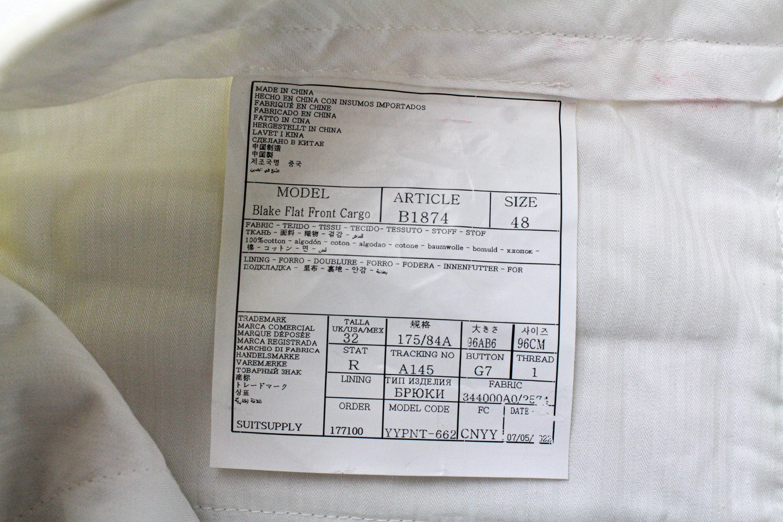 SUITSUPPLY Blake Men Trousers UK32R W32 Off-White Beige Cotton Corduroy Cargo