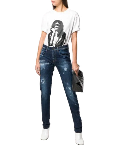 FRANKIE MORELLO Loredana Women's Jeans 38 Tapered Blue Cotton Stretch Ripped