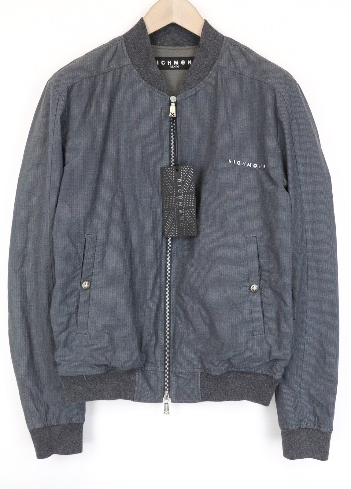 RICHMOND Men's Jacket 48 Grey Cotton Stripe Bomber Long Sleeve Casual