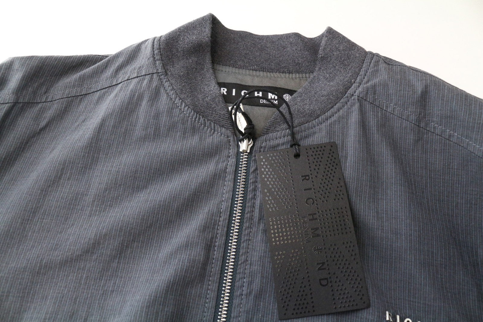 RICHMOND Men's Jacket 48 Grey Cotton Stripe Bomber Long Sleeve Casual