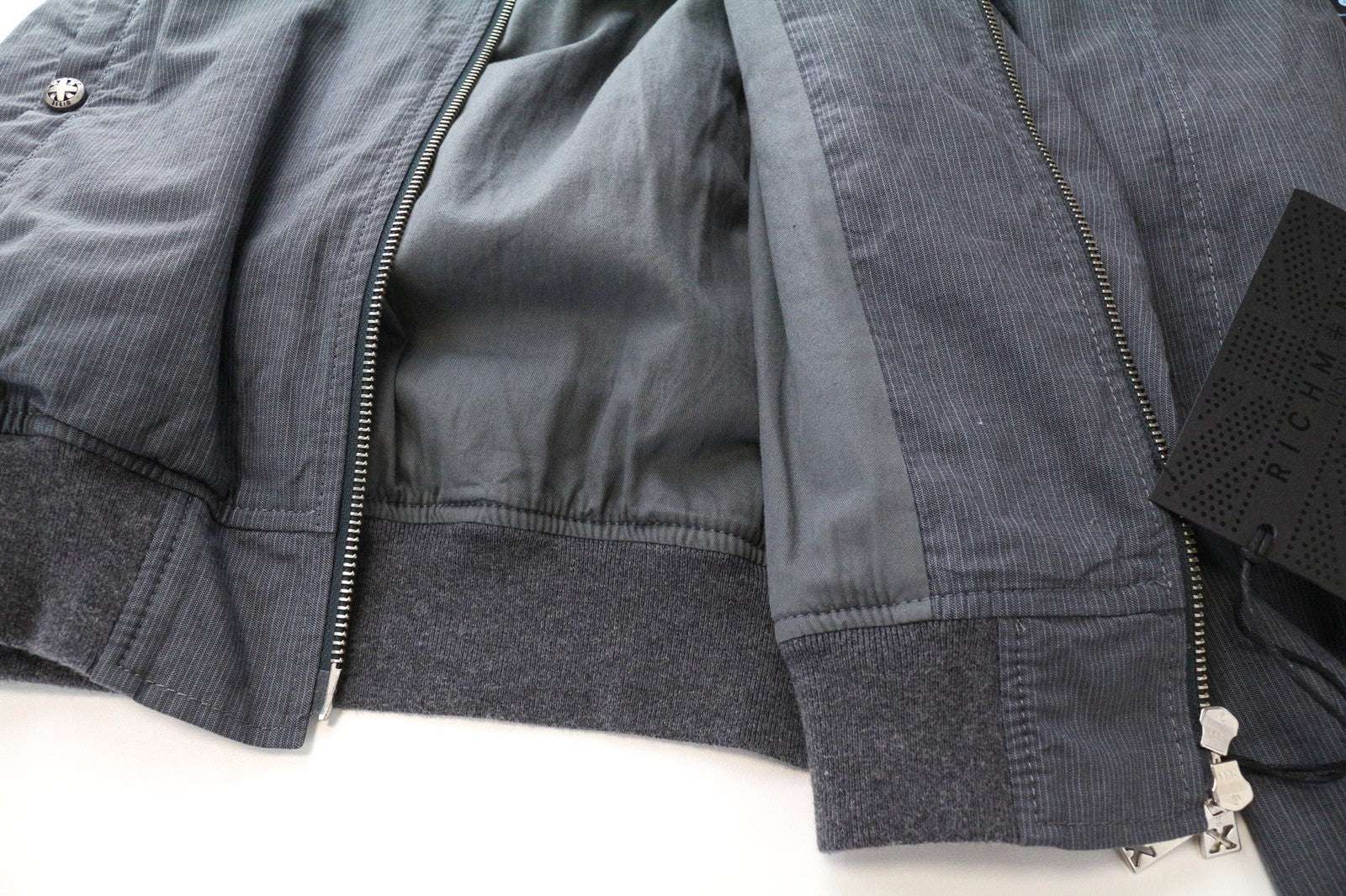 RICHMOND Men's Jacket 48 Grey Cotton Stripe Bomber Long Sleeve Casual