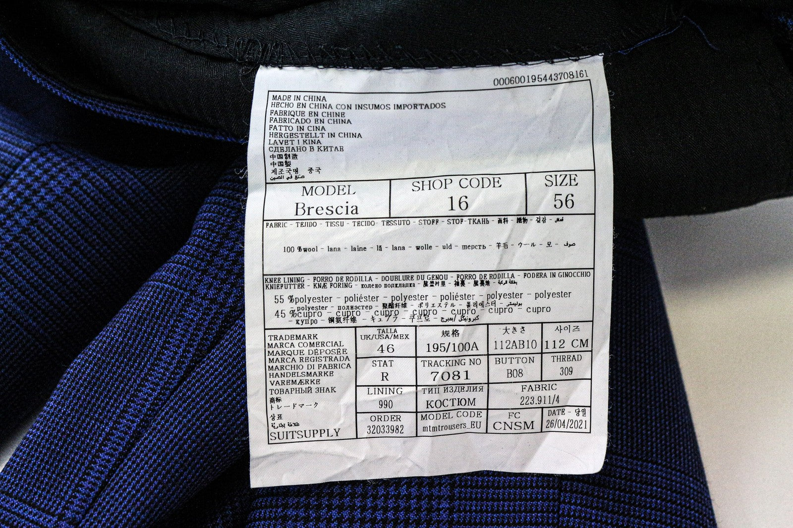 SUITSUPPLY La Spalla Men's Suit UK42R Blue Wool 2Pc Checked Classic