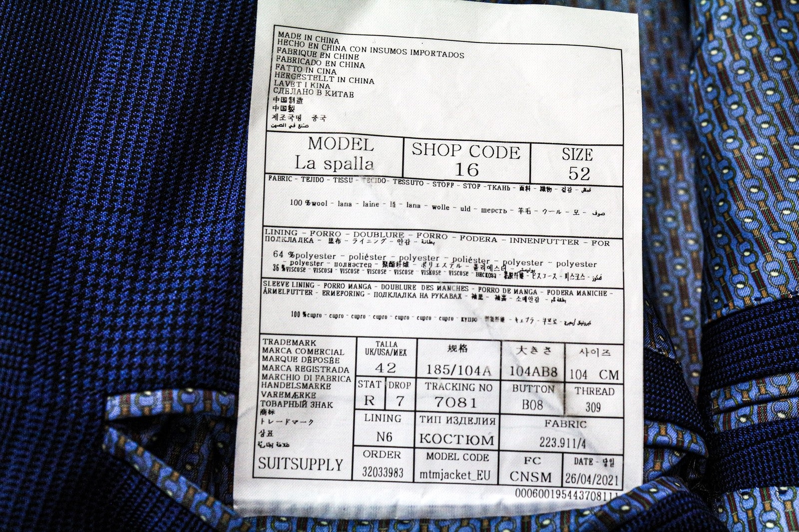 SUITSUPPLY La Spalla Men's Suit UK42R Blue Wool 2Pc Checked Classic