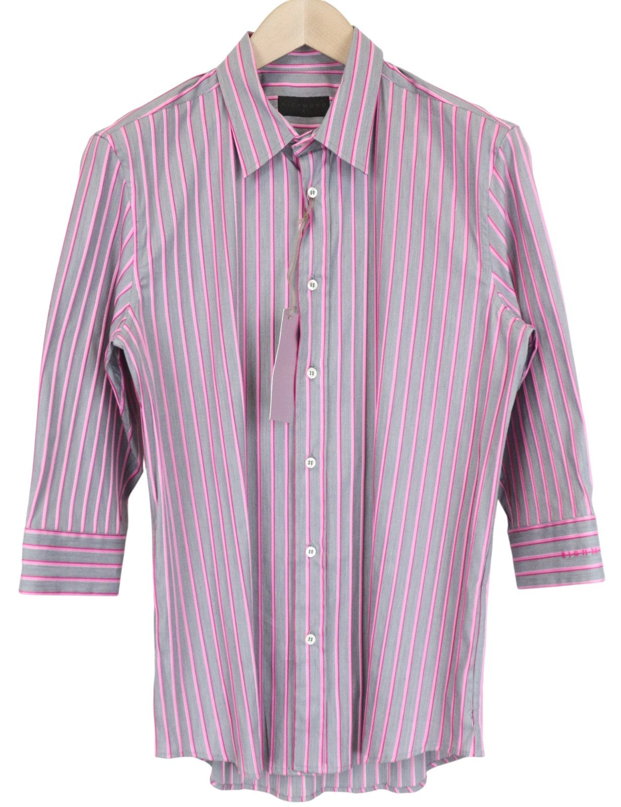 RICHMOND Men's Shirt 48 Grey Pink Striped Cotton Button-Up 3/4 Sleeve