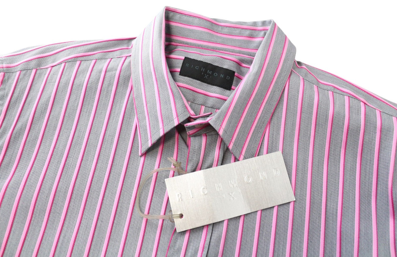 RICHMOND Men's Shirt 48 Grey Pink Striped Cotton Button-Up 3/4 Sleeve