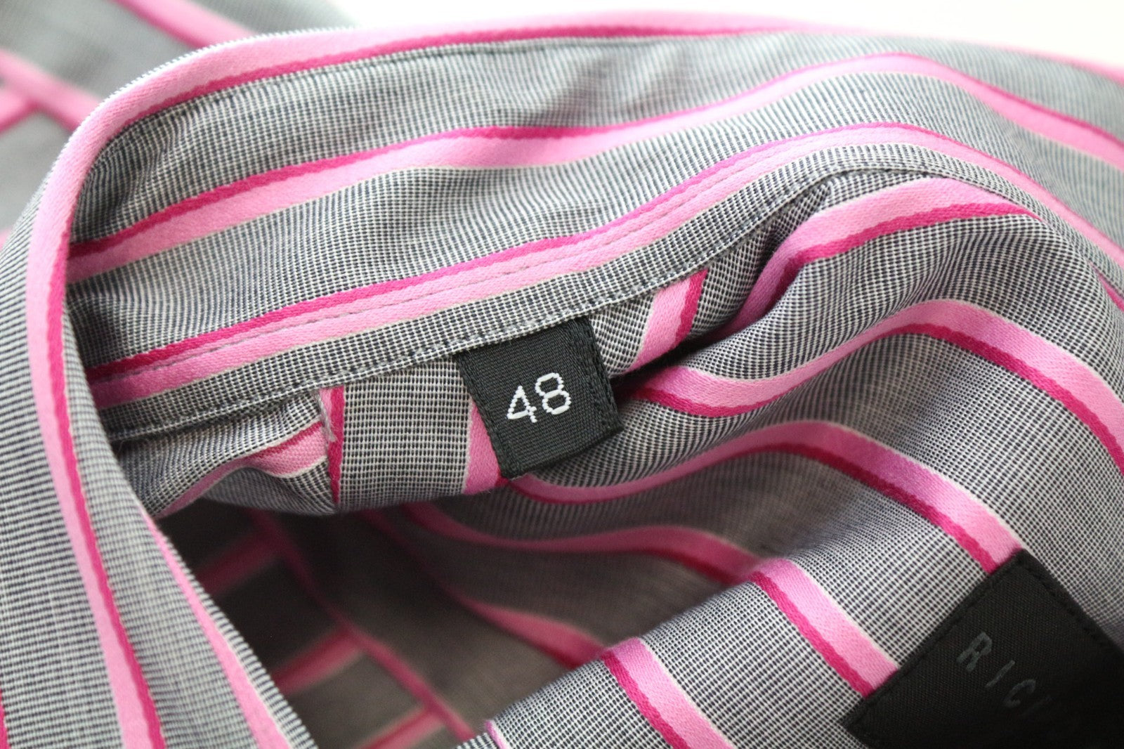 RICHMOND Men's Shirt 48 Grey Pink Striped Cotton Button-Up 3/4 Sleeve