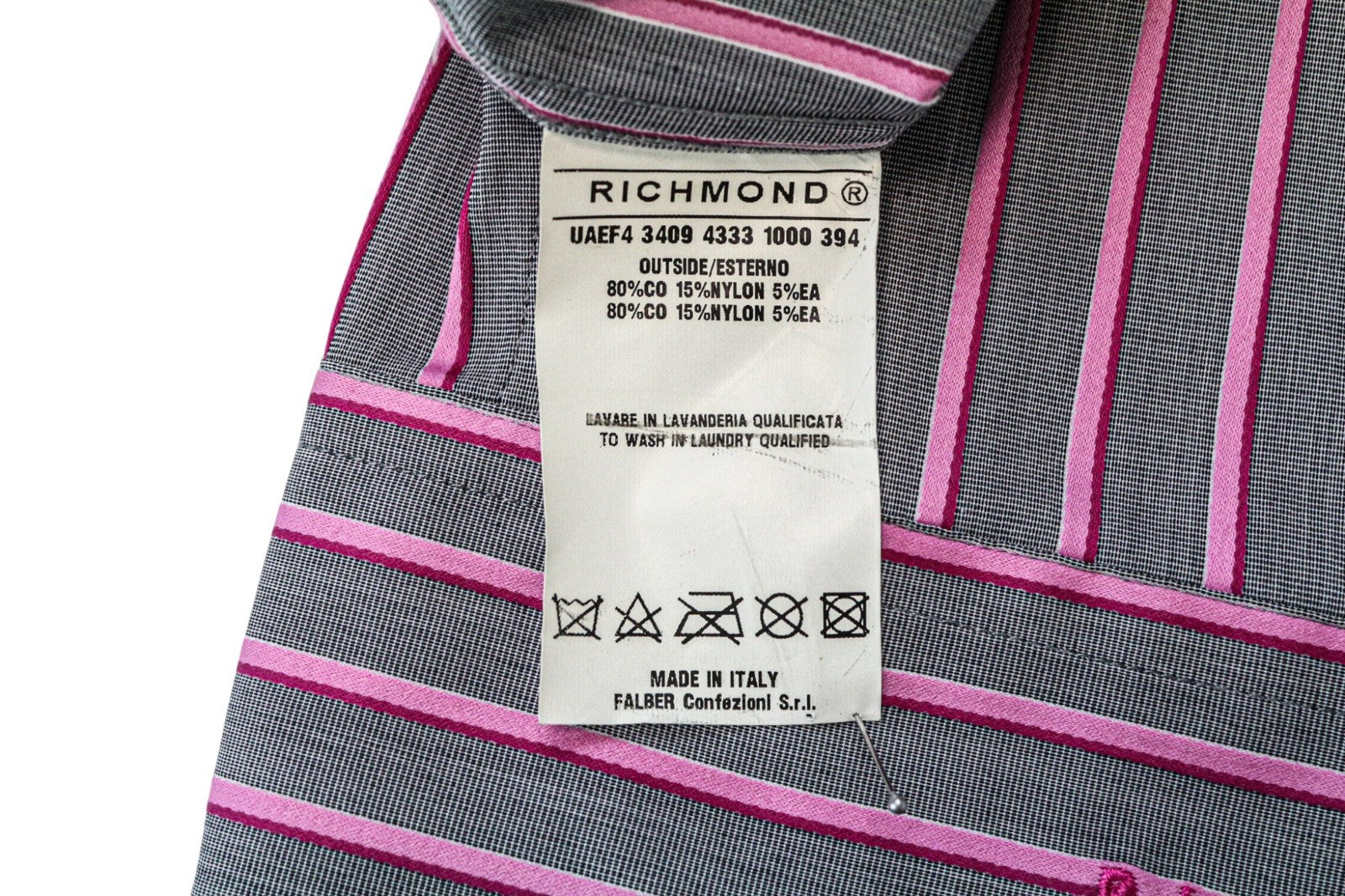 RICHMOND Men's Shirt 48 Grey Pink Striped Cotton Button-Up 3/4 Sleeve
