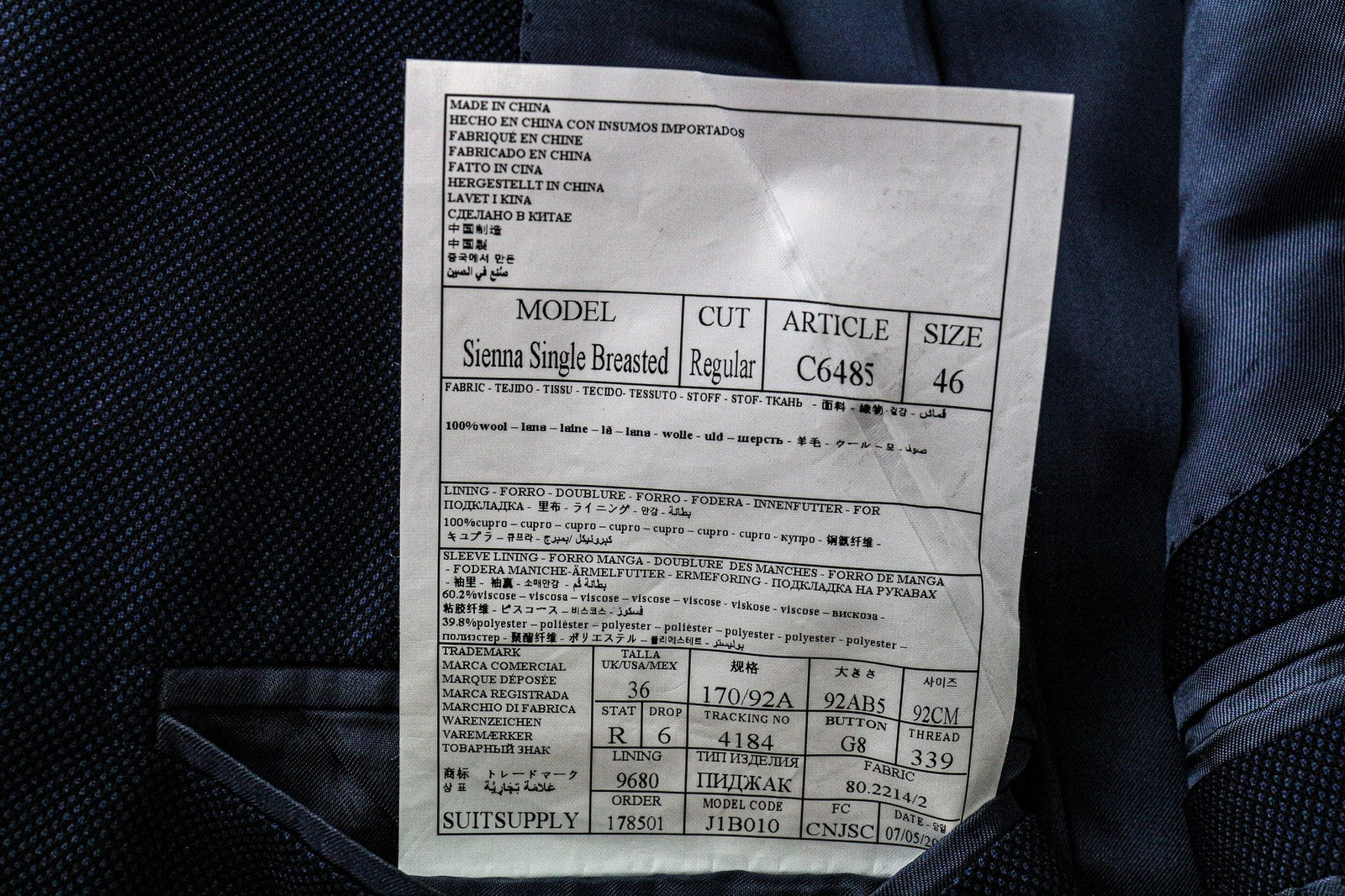 SUITSUPPLY Sienna Men's UK36R Blazer Blue Super 130's Wool Single-Breasted