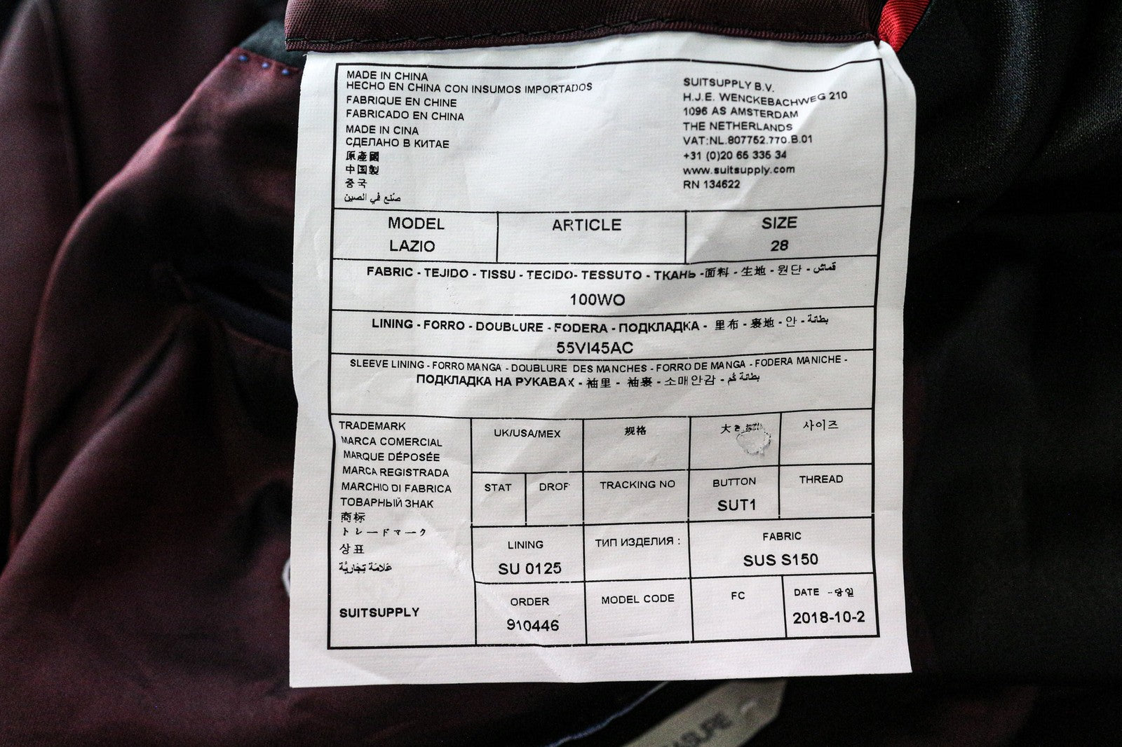 SUITSUPPLY Lazio Men's Blazer 28 Blue Wool Tuxedo Lined Single-Breasted